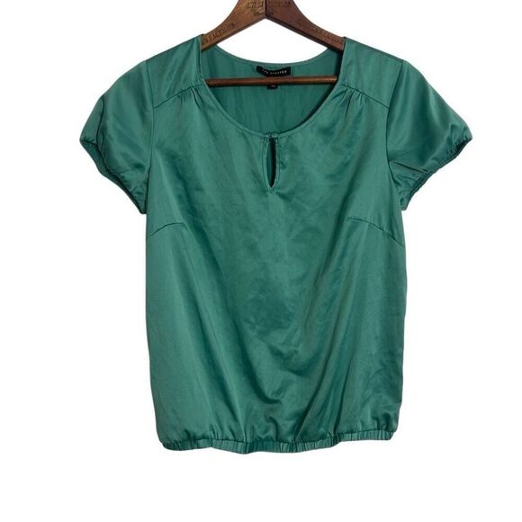 The Limited Elastic Waist Satin Crew Neck Keyhole Short Sleeve Blouse Green XS - Picture 1 of 7